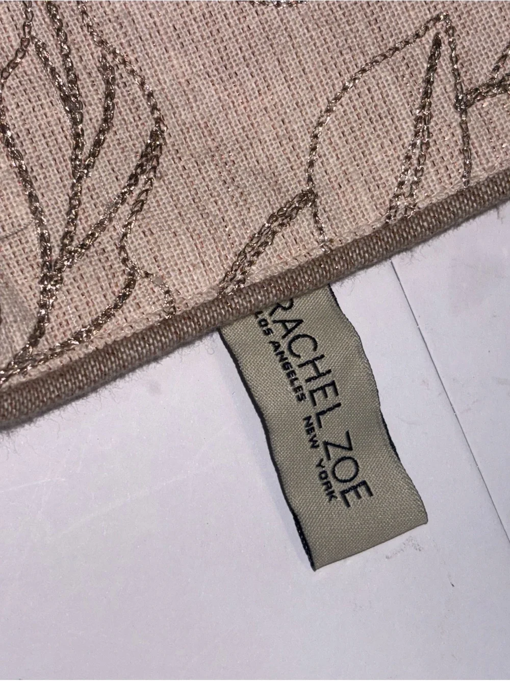 Rachel Zoe intricate botanical embroidery beige background delicate beads